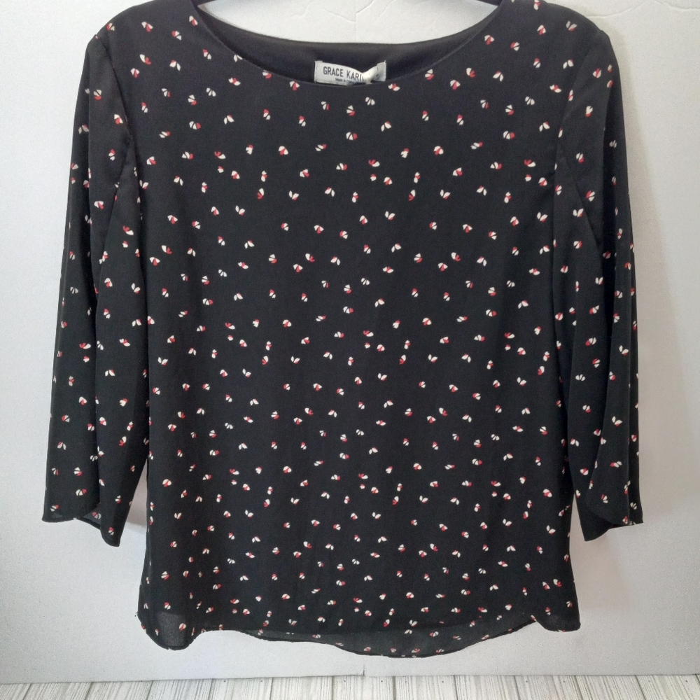 Grace Karin Black Blouse with Red and White Floral Pattern